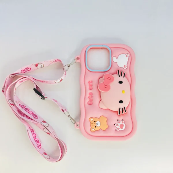 Kitty Cartoon Case With Sling & Pop Socket – iPhone 15 - Image 2