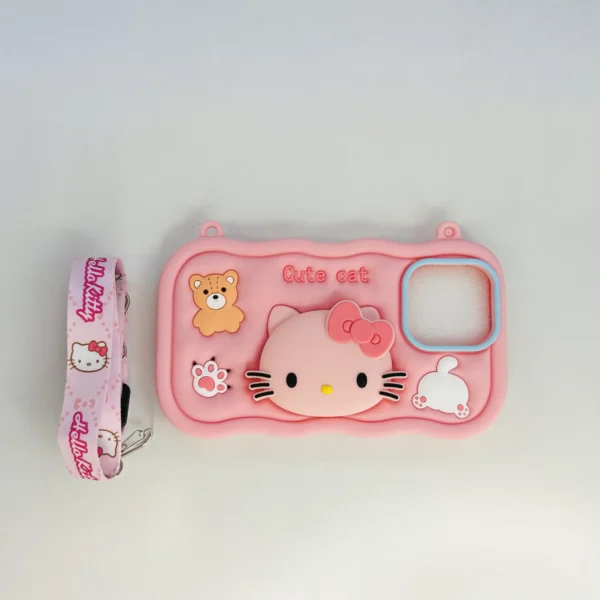 Kitty Cartoon Case With Sling & Pop Socket – iPhone 15 - Image 3