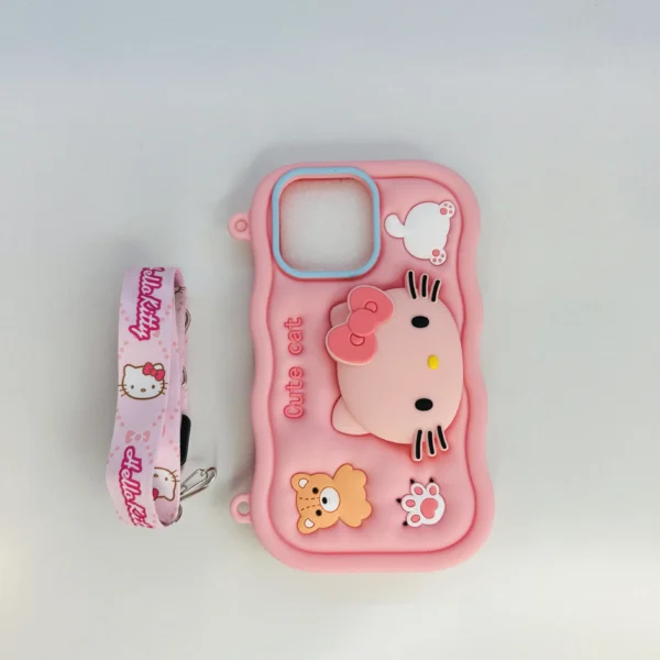 Kitty Cartoon Case With Sling & Pop Socket – iPhone 15