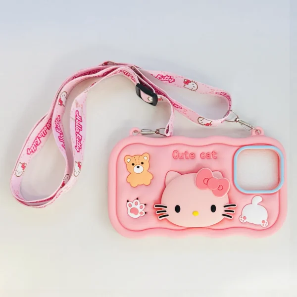 Kitty Cartoon Case With Sling & Pop Socket – iPhone 15 - Image 4